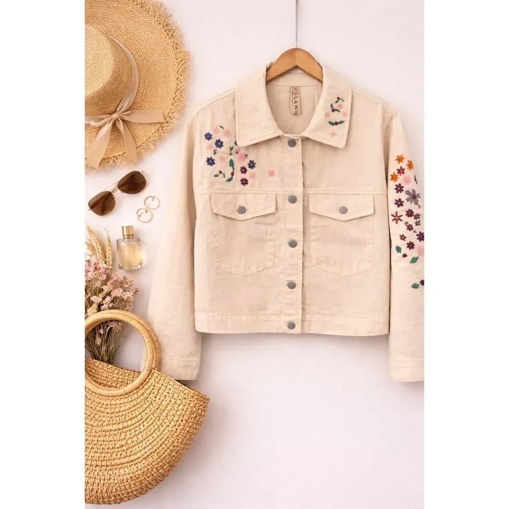 Dolan NWOT Embroidered Floral Canvas Jacket Cream Cotton Boho Cottagecore Spring
